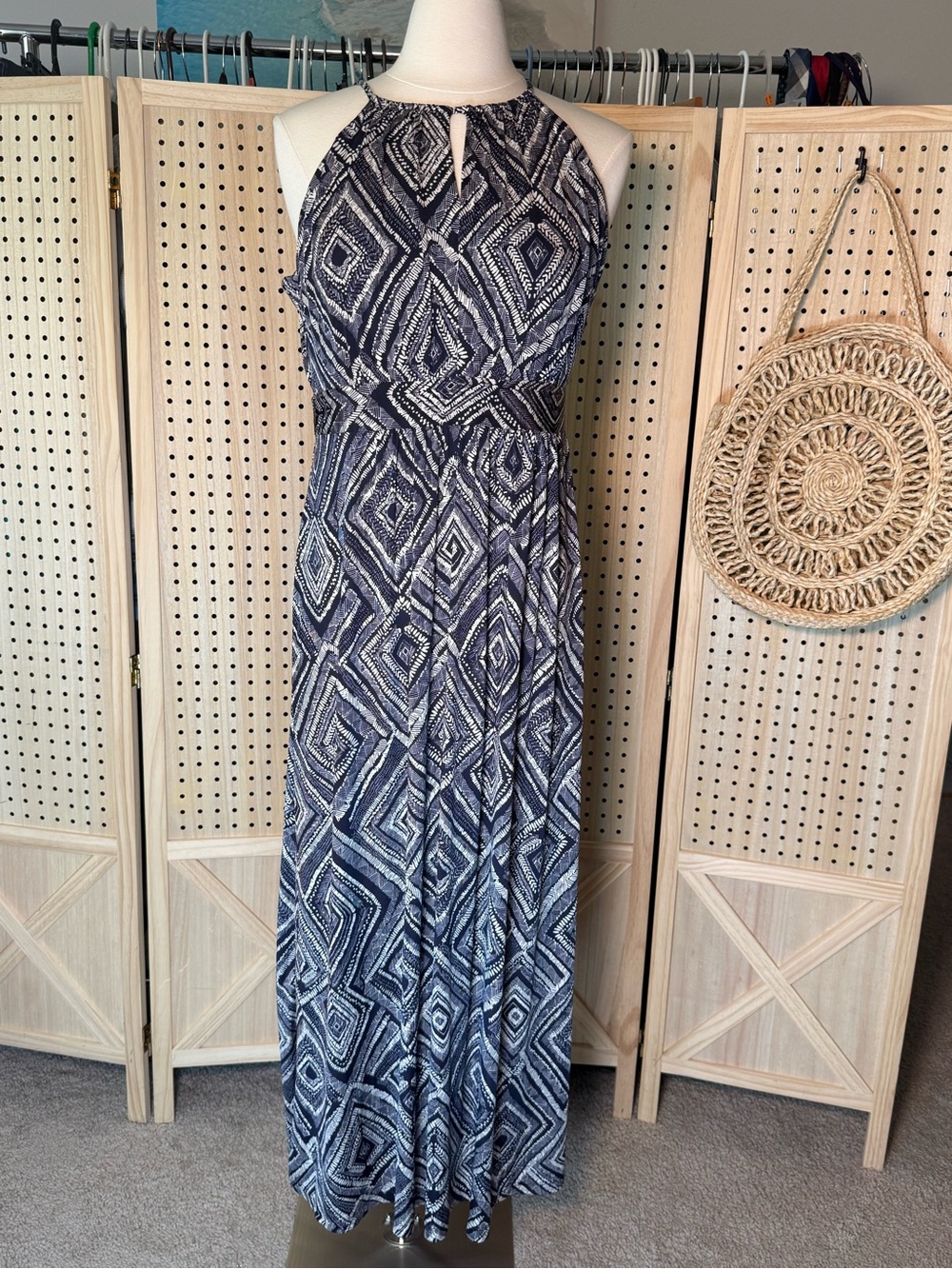 LOFT Navy Ivory Geometric Maxi Dress Coastal Boho Resort Vacation Chic LP - Picture 2 of 10